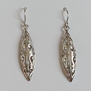 Long Sterling Silver Filigree Cut Out Marquis Leaf Drop Earrings